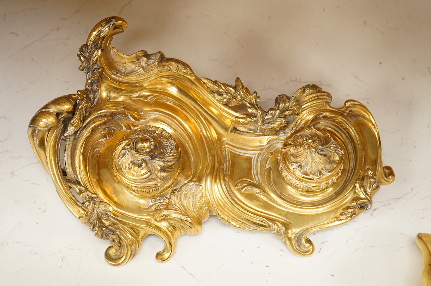 George Van de Voorde (Belgian, 1878-1970), an early 20th century rococo revival gilt bronze twin ink stand, 29cm wide